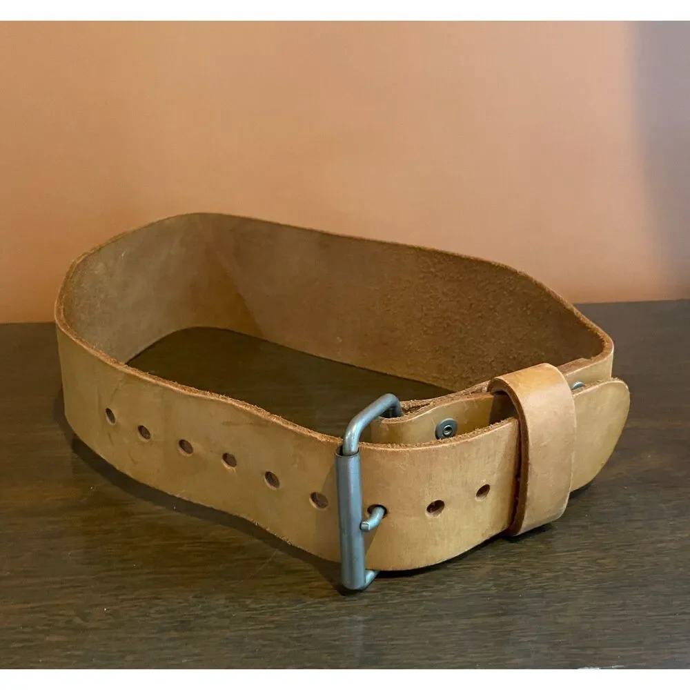 DP Fit  Vintage Tan Leather Weightlifting Belt Wide Embossed Bodybuilding